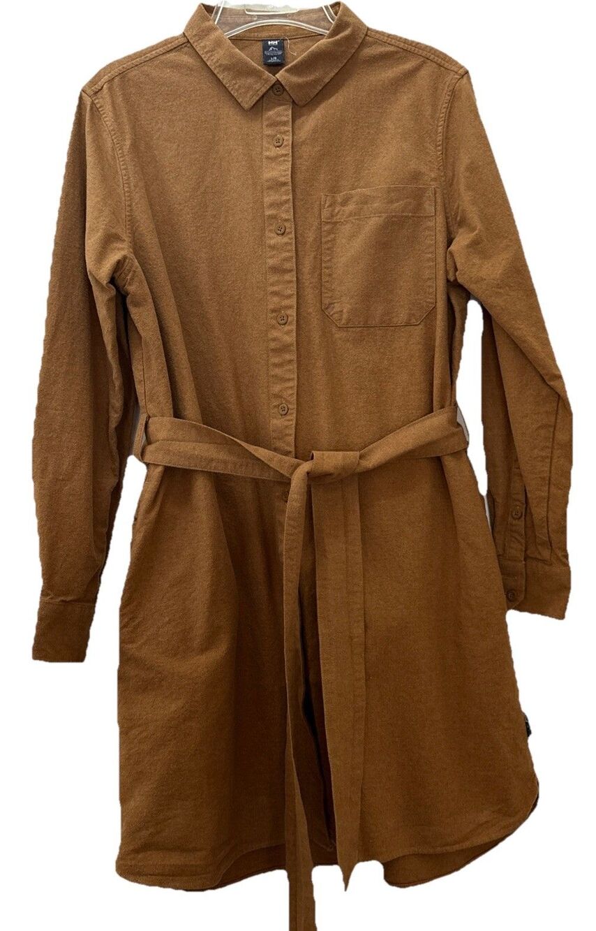 NWOT Ladies Helly Hanson Tan Flannel Belted W/Side Pockets Shirt Dress Size L